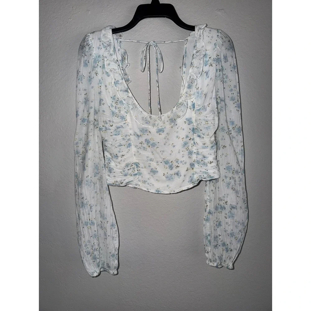 Free People Blue Floral Smocked Back Ruffle Crop Top Long Sleeve Womens Medium
